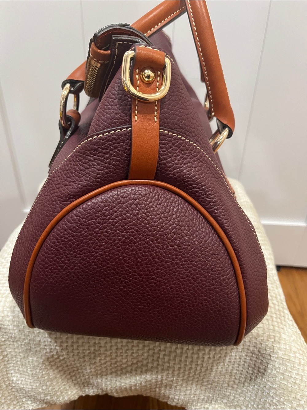 Dooney & Bourke  large Burgundy Pebble Leather Satchel with Tan Trim - Picture 6 of 16